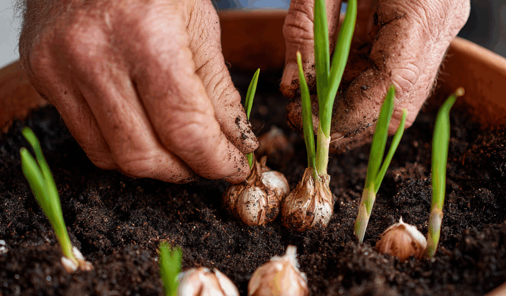 Plantation d’ail en novembre dans une jardinière de balcon, gousses d’ail enfouies dans un terreau humide, potager urbain d’automne, culture facile et rustique pour débutants