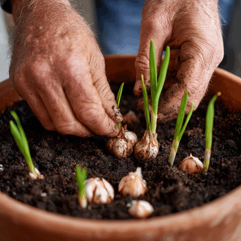 Plantation d’ail en novembre dans une jardinière de balcon, gousses d’ail enfouies dans un terreau humide, potager urbain d’automne, culture facile et rustique pour débutants