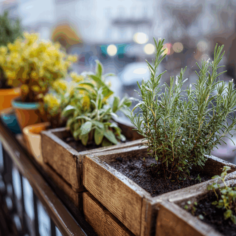 Herbes aromatiques à planter en novembre sur un balcon — pots de thym, romarin et laurier résistants au froid, jardinage urbain d’automne, aromates faciles à cultiver en hiver