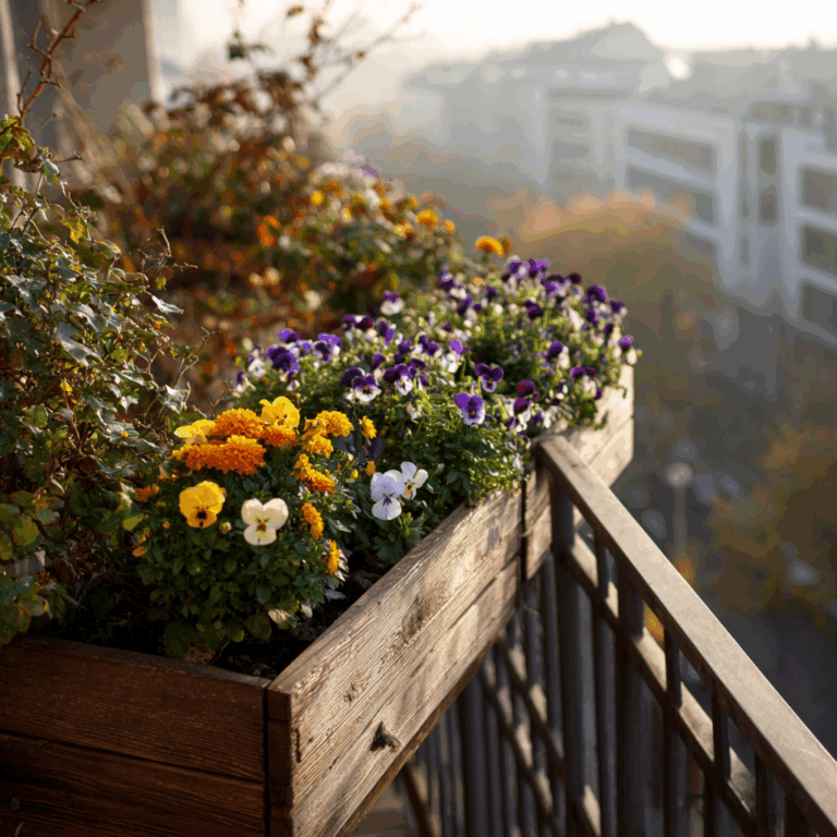 Pensées, violas et chrysanthèmes plantés en novembre dans une jardinière de balcon, fleurs résistantes au froid, couleurs d’automne, idées pour décorer un balcon en hiver