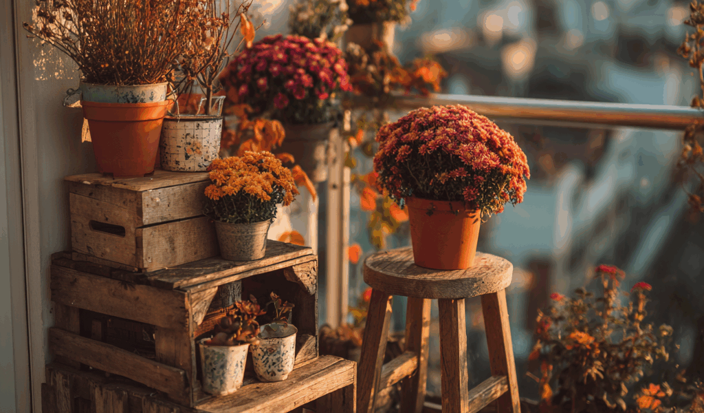 balcon en automne avec des plantes automnales en extérieur sur la terasse