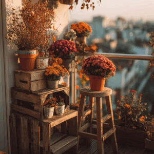 balcon en automne avec des plantes automnales en extérieur sur la terasse