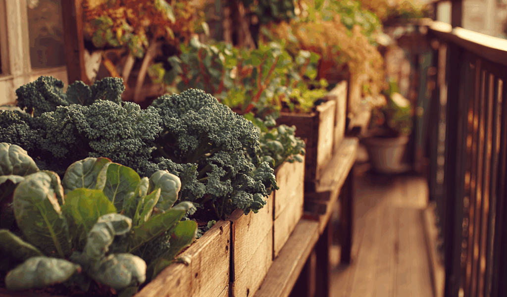 Un potager urbain avec des herbes aromatiques et des arbres fruitiers